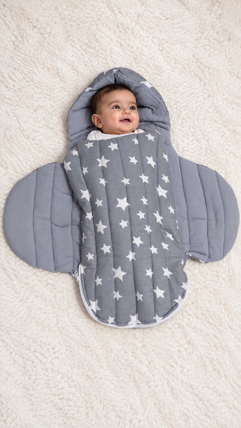 Quilted Butterfly Hooded Muslin Swaddle Blanket with Ties for 0-6 Months - Grey Star
