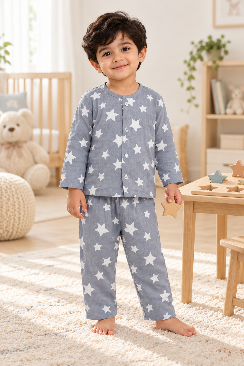 Star Grey |Full Sleeves| 120 GSM Checkered Muslin Fabric |  Soft Unisex Muslin Set for New Born to 6 Years
