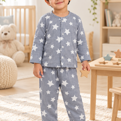Star Grey |Full Sleeves| 120 GSM Checkered Muslin Fabric |  Soft Unisex Muslin Set for New Born to 6 Years