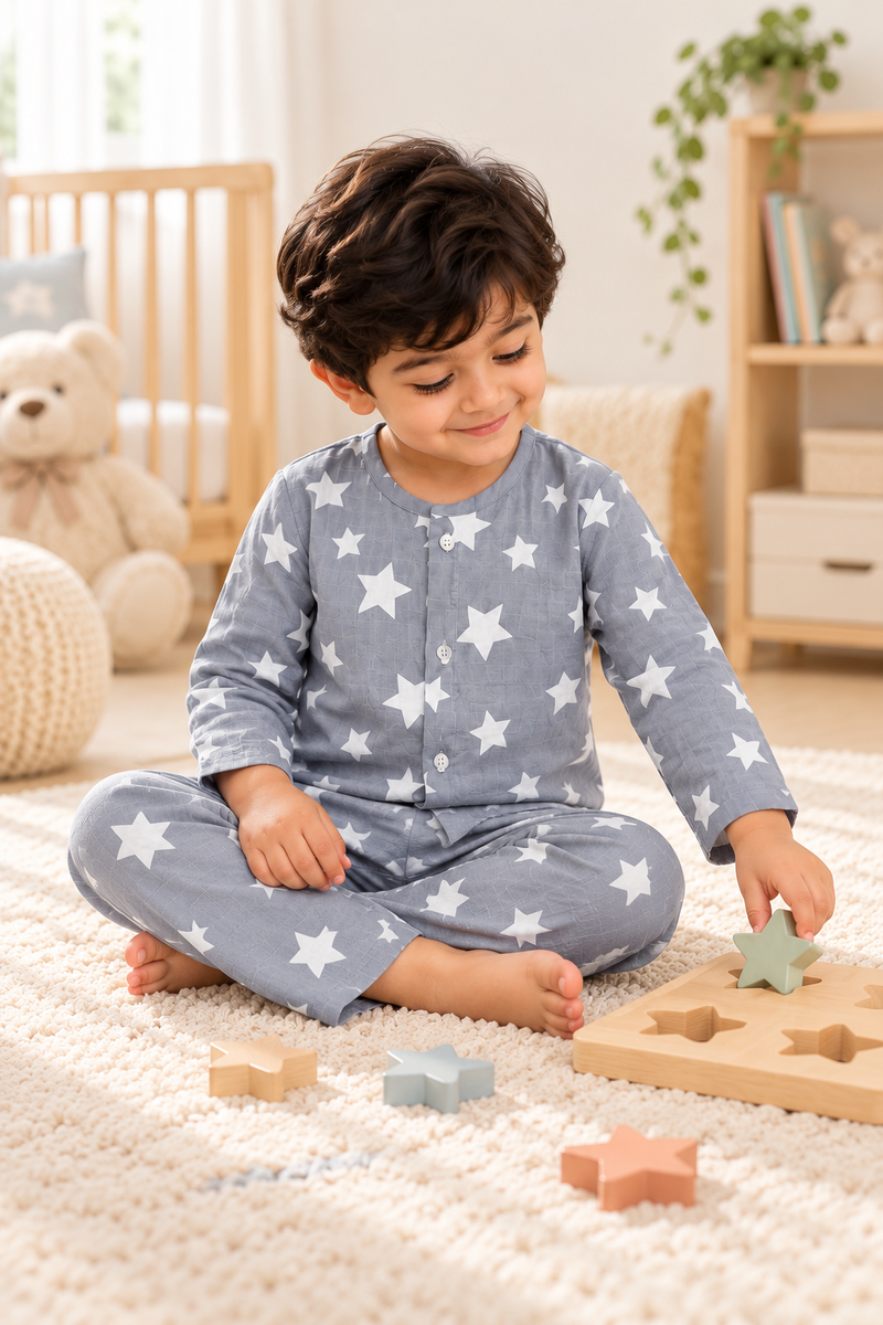 Star Grey |Full Sleeves| 120 GSM Checkered Muslin Fabric |  Soft Unisex Muslin Set for New Born to 6 Years