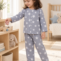 Star Grey |Full Sleeves| 120 GSM Checkered Muslin Fabric |  Soft Unisex Muslin Set for New Born to 6 Years