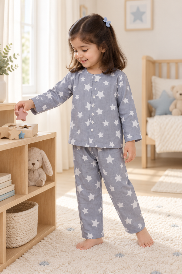 Star Grey |Full Sleeves| 120 GSM Checkered Muslin Fabric |  Soft Unisex Muslin Set for New Born to 6 Years