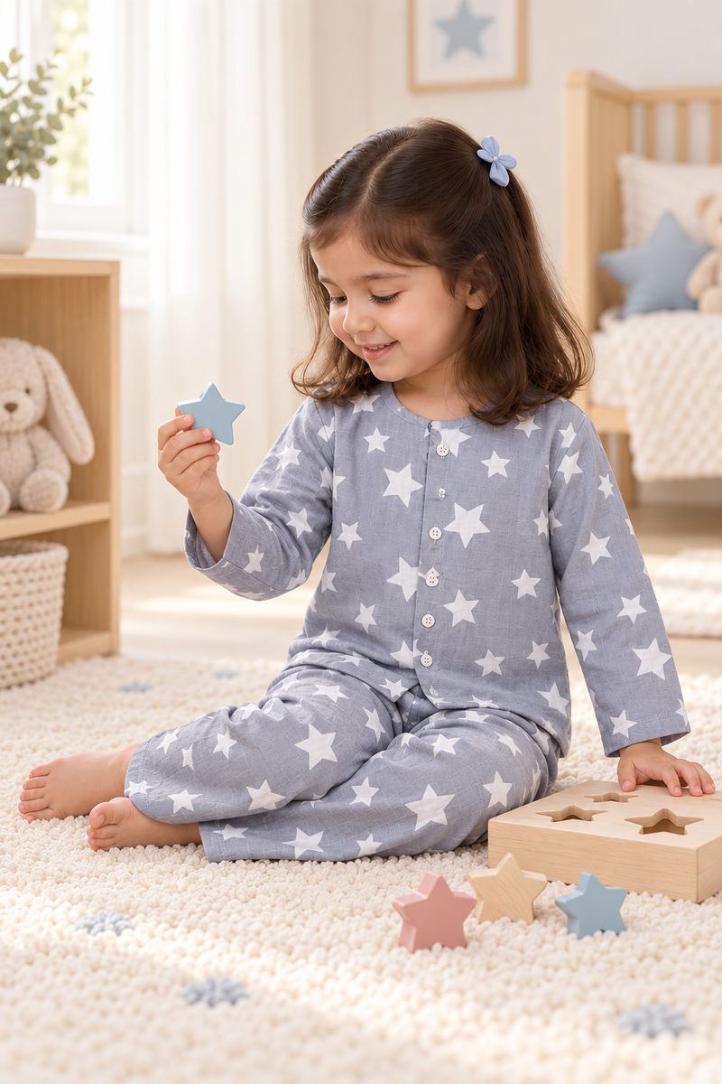 Star Grey |Full Sleeves| 120 GSM Checkered Muslin Fabric |  Soft Unisex Muslin Set for New Born to 6 Years