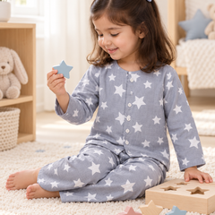 Star Grey |Full Sleeves| 120 GSM Checkered Muslin Fabric |  Soft Unisex Muslin Set for New Born to 6 Years