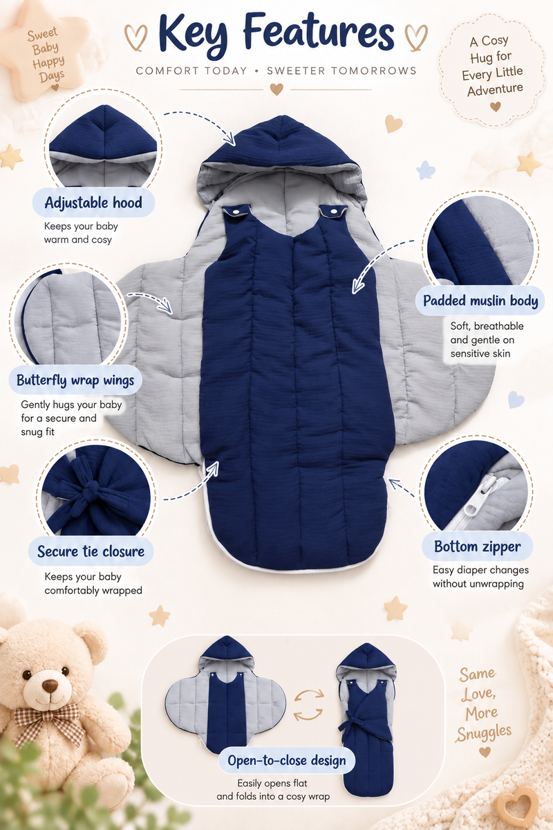 Quilted Butterfly Hooded Muslin Swaddle Blanket with Ties for 0-6 Months - Navy Grey