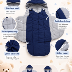Quilted Butterfly Hooded Muslin Swaddle Blanket with Ties for 0-6 Months - Navy Grey