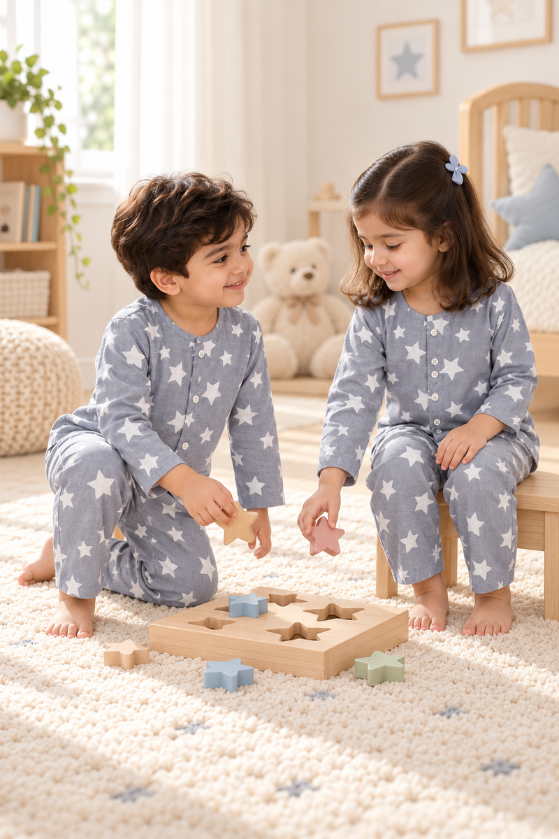 Star Grey |Full Sleeves| 120 GSM Checkered Muslin Fabric |  Soft Unisex Muslin Set for New Born to 6 Years