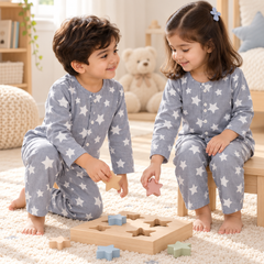 Star Grey |Full Sleeves| 120 GSM Checkered Muslin Fabric |  Soft Unisex Muslin Set for New Born to 6 Years