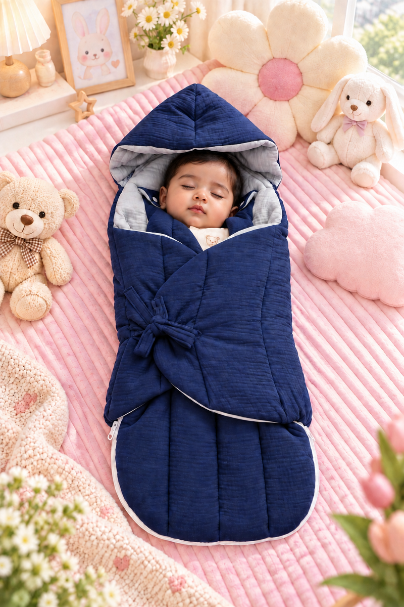 Quilted Butterfly Hooded Muslin Swaddle Blanket with Ties for 0-6 Months - Navy Grey