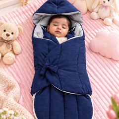 Quilted Butterfly Hooded Muslin Swaddle Blanket with Ties for 0-6 Months - Navy Grey