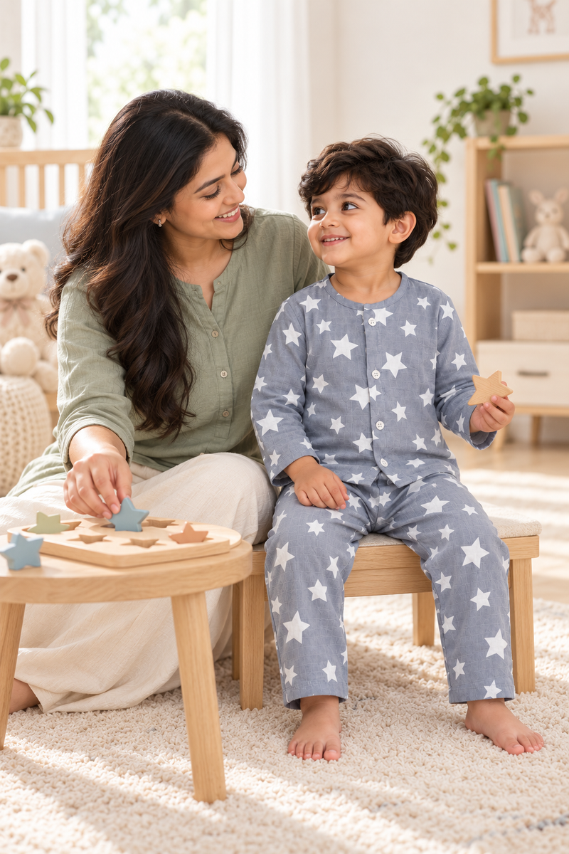Star Grey |Full Sleeves| 120 GSM Checkered Muslin Fabric |  Soft Unisex Muslin Set for New Born to 6 Years