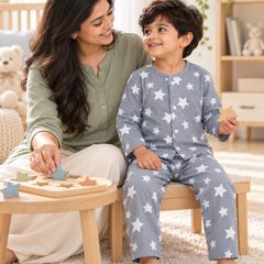 Star Grey |Full Sleeves| 120 GSM Checkered Muslin Fabric |  Soft Unisex Muslin Set for New Born to 6 Years