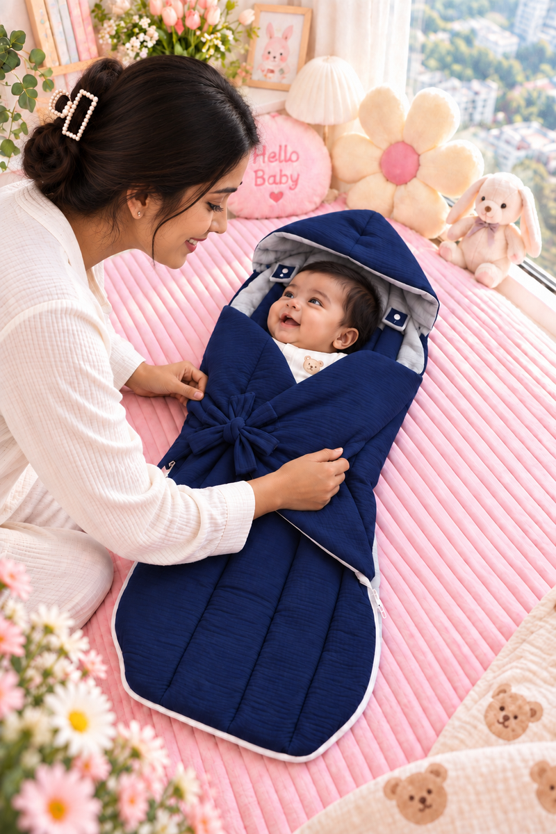 Quilted Butterfly Hooded Muslin Swaddle Blanket with Ties for 0-6 Months - Navy Grey