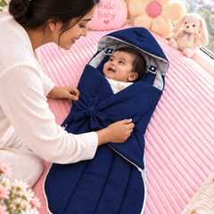 Quilted Butterfly Hooded Muslin Swaddle Blanket with Ties for 0-6 Months - Navy Grey
