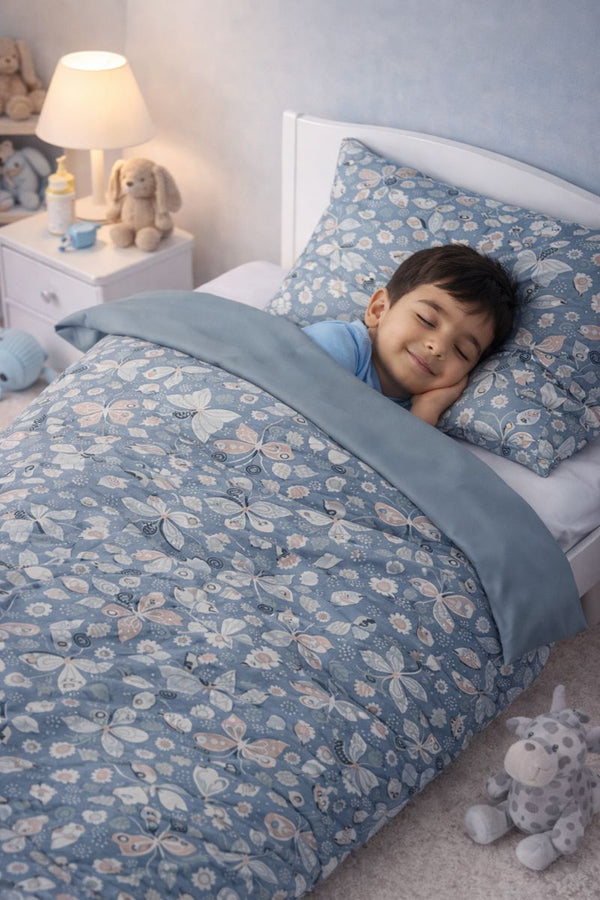 Kradyl Kroft Kids 3 Pcs Bedding Set with Removable Covers | Duvet, Pillow and Lumbar Pillow with 100% Cotton Covers - Grey Butterfly