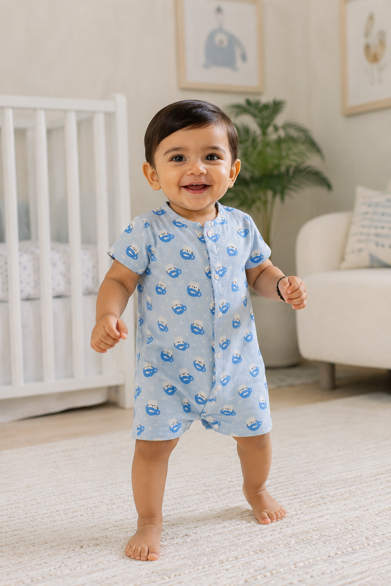 Kitty Kup | Short Sleeves | Unisex Romper Bodysuit | 100% Cotton Muslin for 0 to 2 Yrs