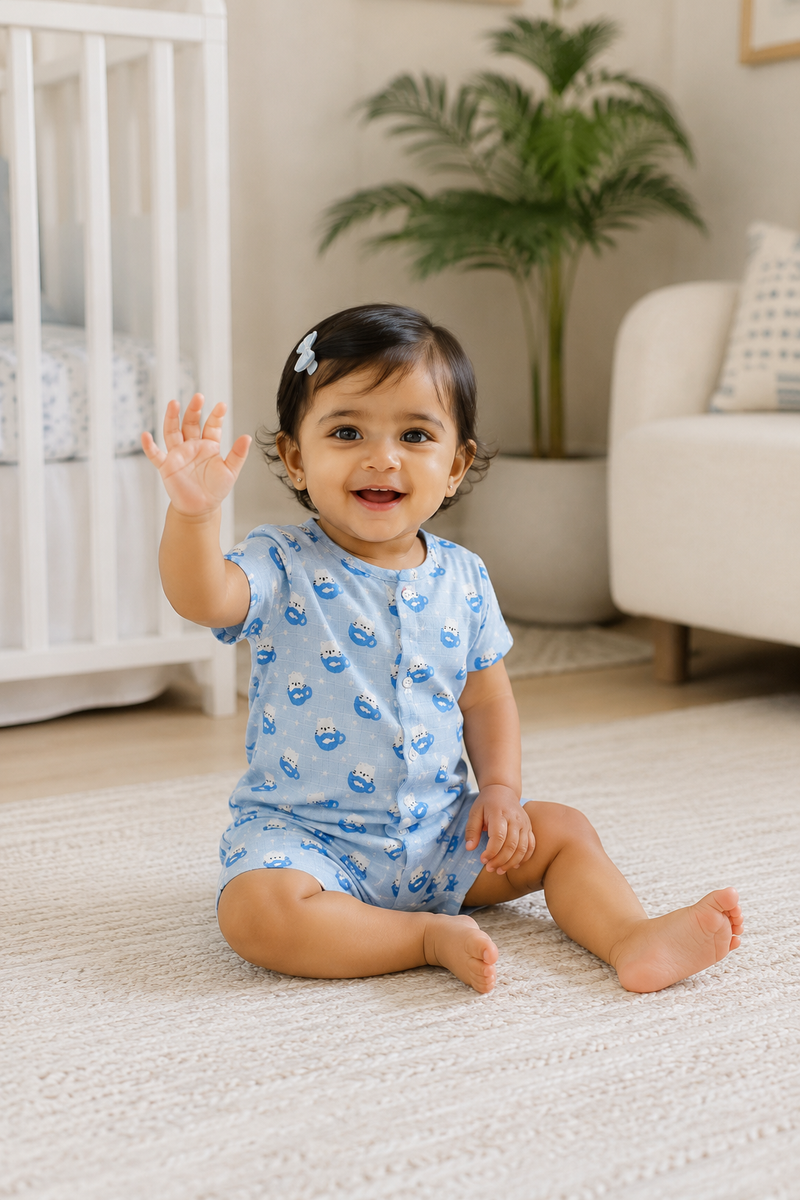 Kitty Kup | Short Sleeves | Unisex Romper Bodysuit | 100% Cotton Muslin for 0 to 2 Yrs