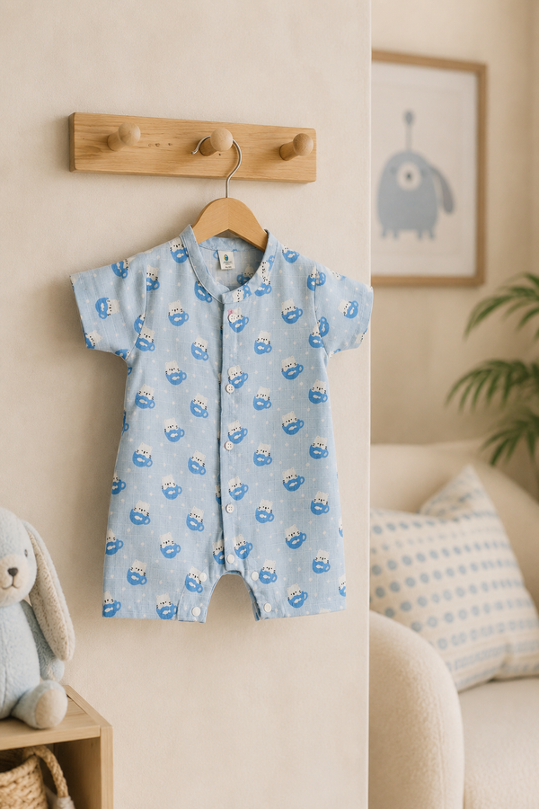 Kitty Kup | Short Sleeves | Unisex Romper Bodysuit | 100% Cotton Muslin for 0 to 2 Yrs