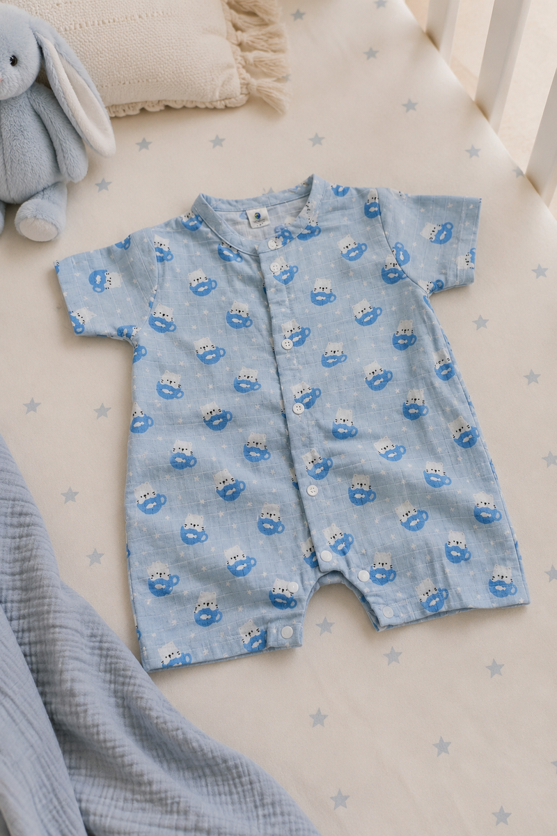 Kitty Kup | Short Sleeves | Unisex Romper Bodysuit | 100% Cotton Muslin for 0 to 2 Yrs