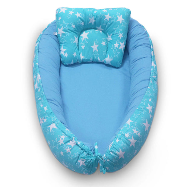 Kradyl Kroft Baby Boat Bed for Babies & Infants | Portable Baby Bedding Set with Pillow | Removable Covers | Double Side Baby Sleeping Bed | Baby Sleeping Pod (Light blue star)