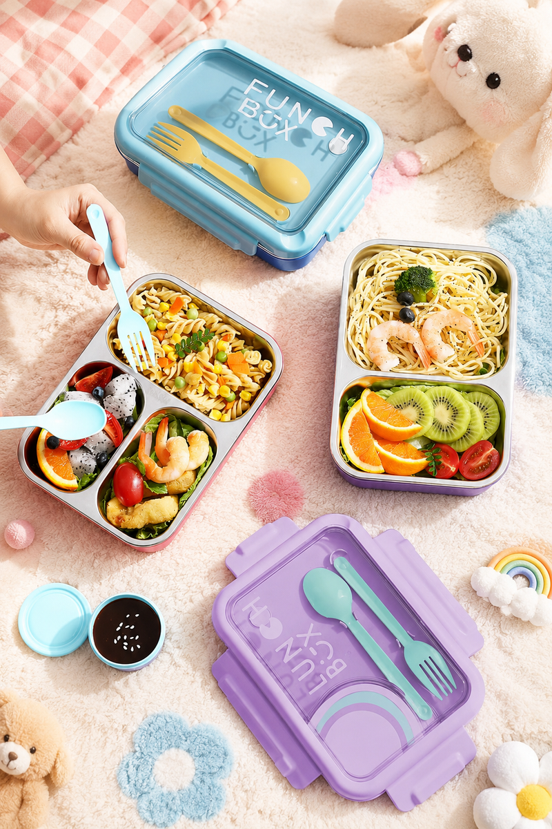 3 Compartment Stainless Steel Lunch Box for Kids, Spoon Fork, Leakproof Tiffin Box, Insulated Bento Lunch Box for School, Boys, Girls & Travel