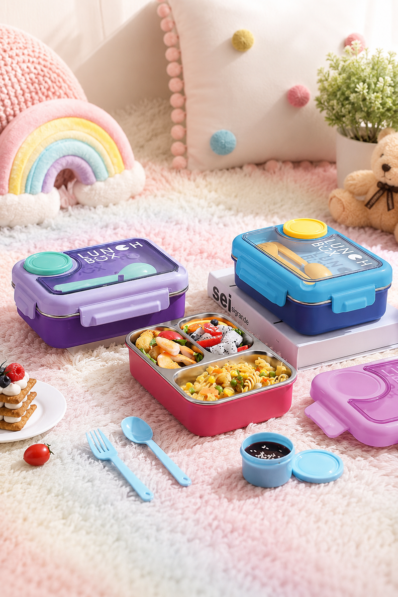 3 Compartment Stainless Steel Lunch Box for Kids, Spoon Fork, Leakproof Tiffin Box, Insulated Bento Lunch Box for School, Boys, Girls & Travel