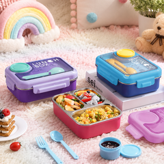 3 Compartment Stainless Steel Lunch Box for Kids, Spoon Fork, Leakproof Tiffin Box, Insulated Bento Lunch Box for School, Boys, Girls & Travel