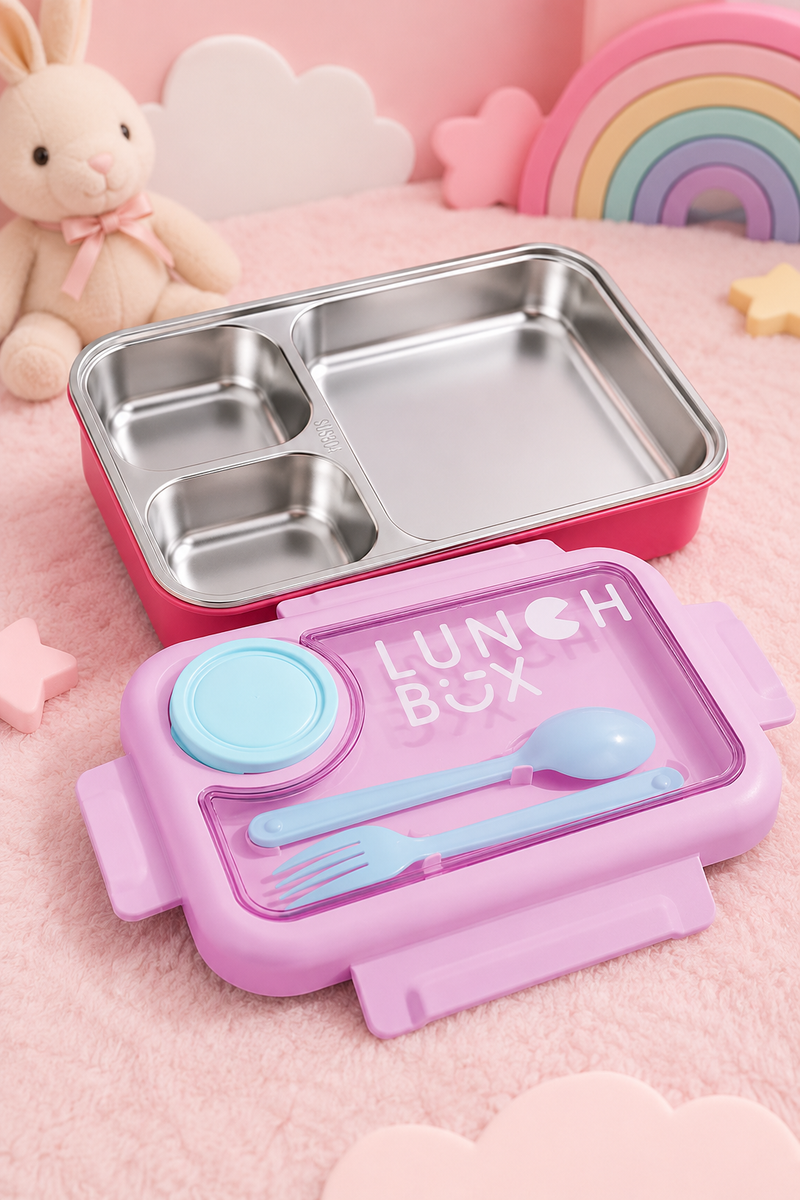 3 Compartment Stainless Steel Lunch Box for Kids, Spoon Fork, Leakproof Tiffin Box, Insulated Bento Lunch Box for School, Boys, Girls & Travel