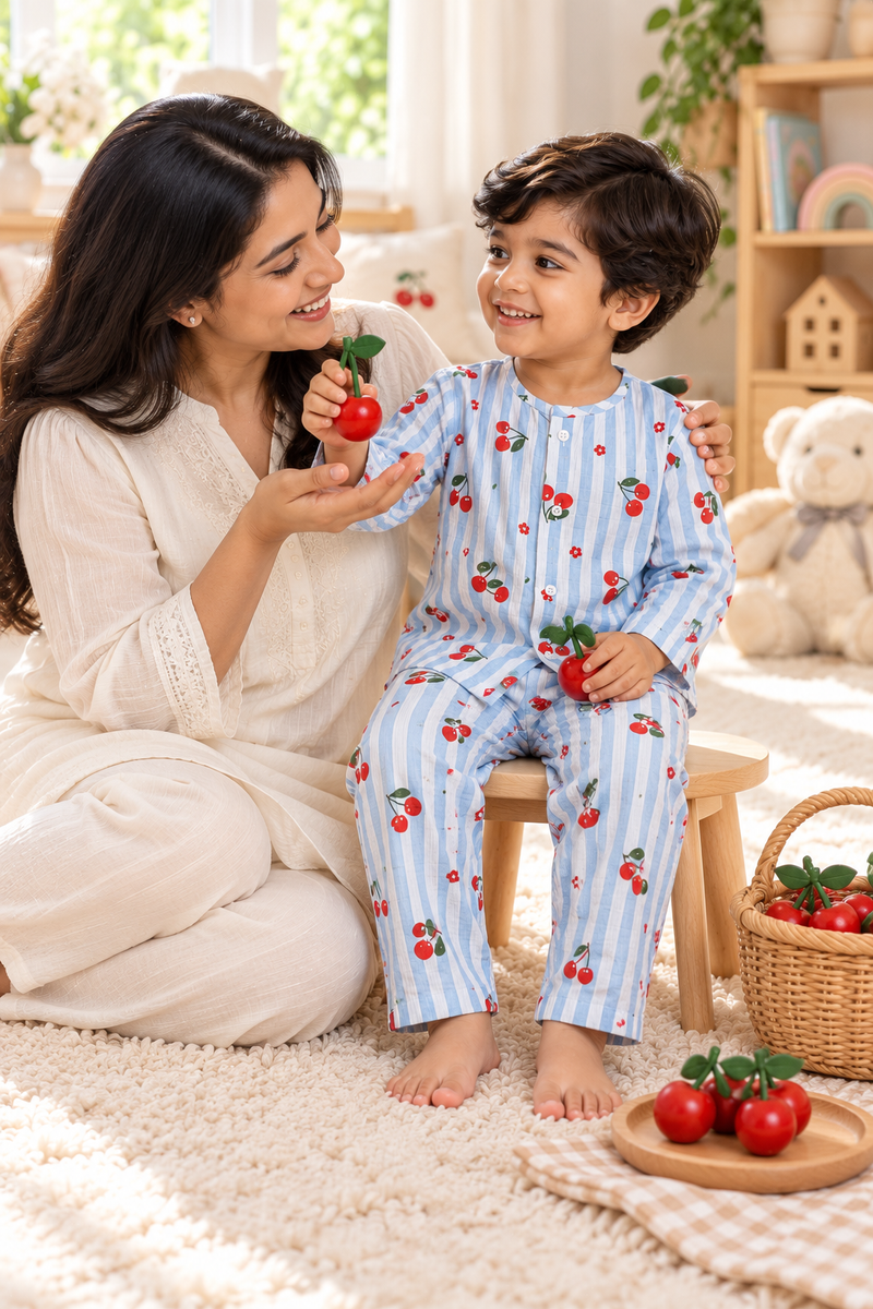 Cherry Stripe |Full Sleeves| 120 GSM Checkered Muslin Fabric |  Soft Unisex Muslin Set for New Born to 6 Years