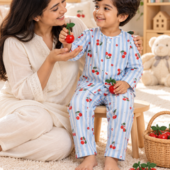 Cherry Stripe |Full Sleeves| 120 GSM Checkered Muslin Fabric |  Soft Unisex Muslin Set for New Born to 6 Years