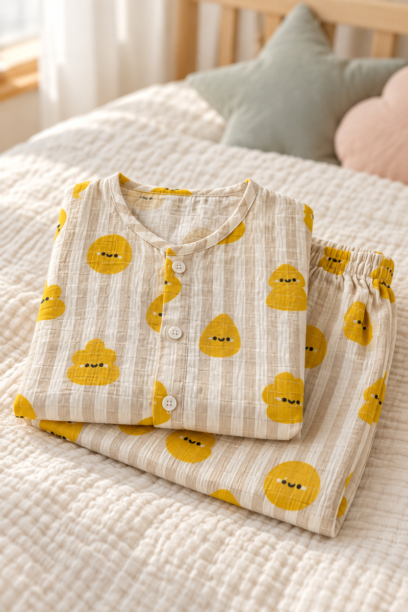 Smiley Stripes |Full Sleeves| 120 GSM Checkered Muslin Fabric |  Soft Unisex Muslin Set for New Born to 6 Years