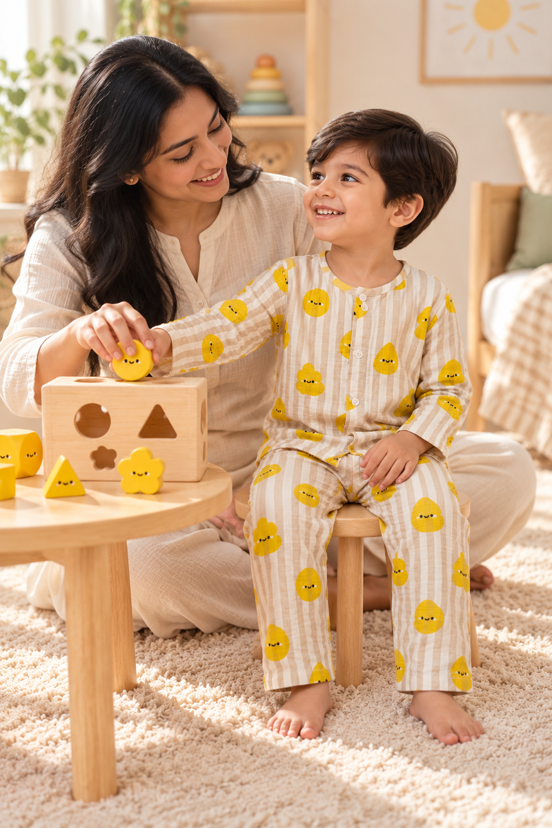 Smiley Stripes |Full Sleeves| 120 GSM Checkered Muslin Fabric |  Soft Unisex Muslin Set for New Born to 6 Years