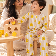Smiley Stripes |Full Sleeves| 120 GSM Checkered Muslin Fabric |  Soft Unisex Muslin Set for New Born to 6 Years
