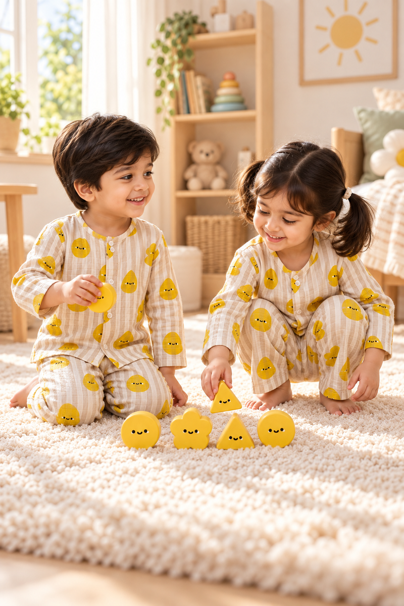 Smiley Stripes |Full Sleeves| 120 GSM Checkered Muslin Fabric |  Soft Unisex Muslin Set for New Born to 6 Years