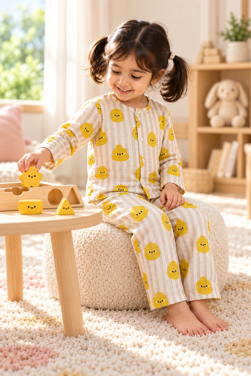 Smiley Stripes |Full Sleeves| 120 GSM Checkered Muslin Fabric |  Soft Unisex Muslin Set for New Born to 6 Years