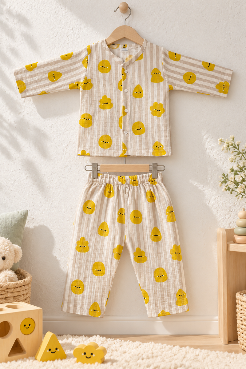 Smiley Stripes |Full Sleeves| 120 GSM Checkered Muslin Fabric |  Soft Unisex Muslin Set for New Born to 6 Years