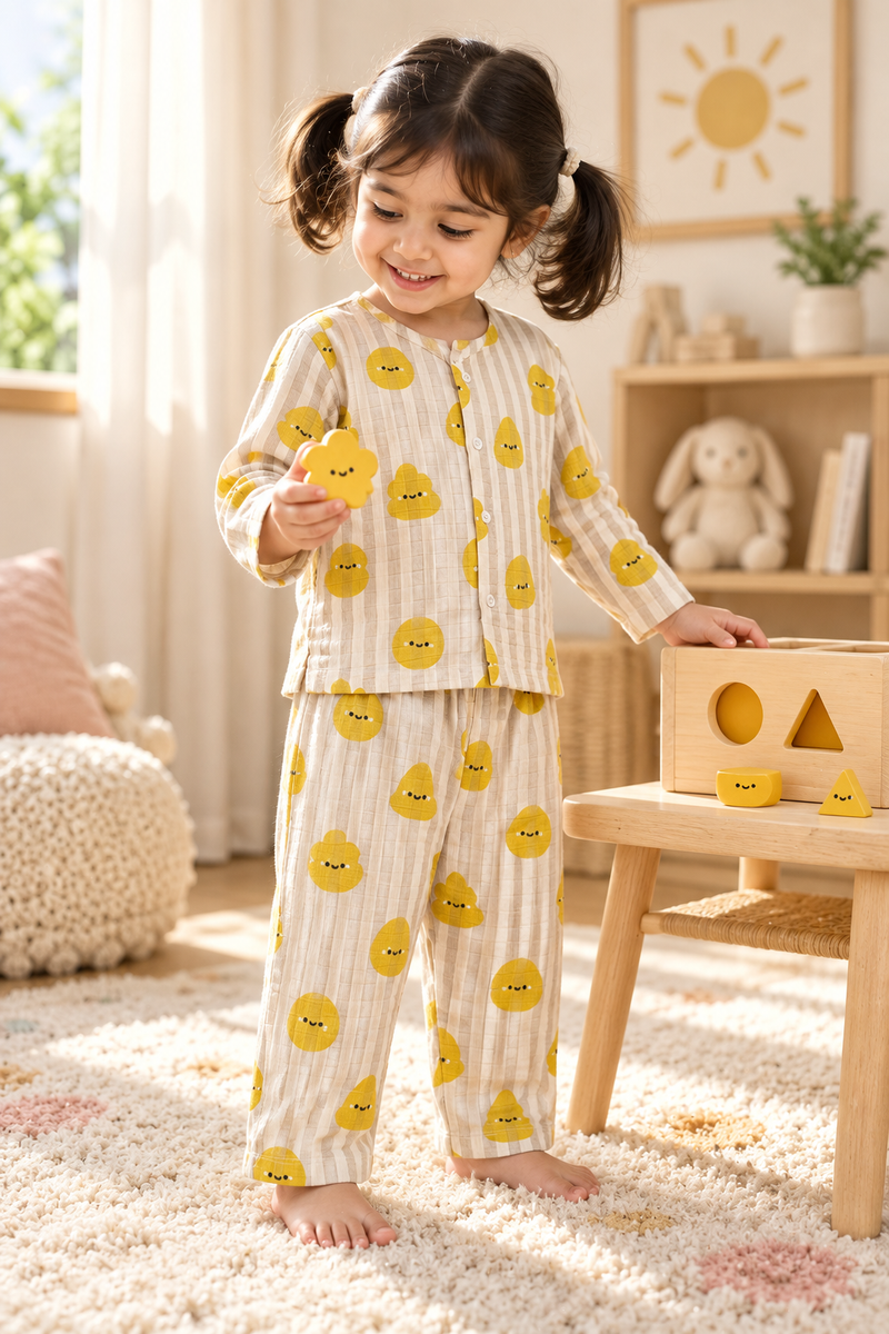 Smiley Stripes |Full Sleeves| 120 GSM Checkered Muslin Fabric |  Soft Unisex Muslin Set for New Born to 6 Years
