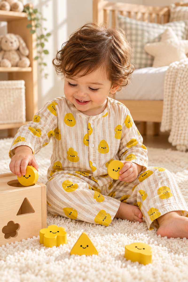 Smiley Stripes |Full Sleeves| 120 GSM Checkered Muslin Fabric |  Soft Unisex Muslin Set for New Born to 6 Years