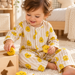 Smiley Stripes |Full Sleeves| 120 GSM Checkered Muslin Fabric |  Soft Unisex Muslin Set for New Born to 6 Years