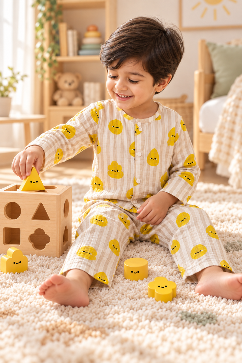 Smiley Stripes |Full Sleeves| 120 GSM Checkered Muslin Fabric |  Soft Unisex Muslin Set for New Born to 6 Years