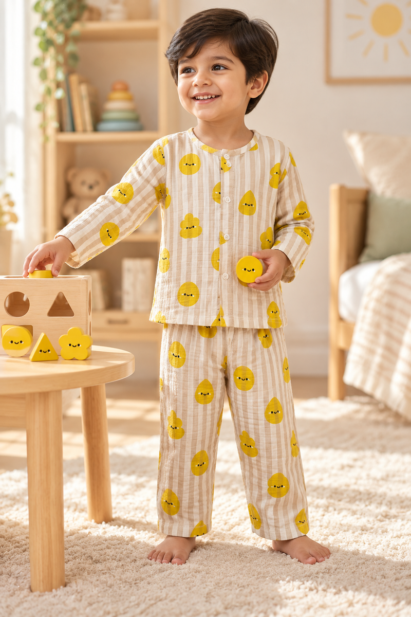 Smiley Stripes |Full Sleeves| 120 GSM Checkered Muslin Fabric |  Soft Unisex Muslin Set for New Born to 6 Years
