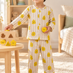 Smiley Stripes |Full Sleeves| 120 GSM Checkered Muslin Fabric |  Soft Unisex Muslin Set for New Born to 6 Years