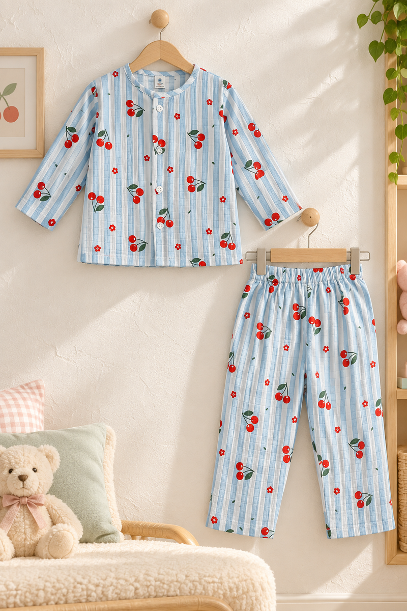 Cherry Stripe |Full Sleeves| 120 GSM Checkered Muslin Fabric |  Soft Unisex Muslin Set for New Born to 6 Years