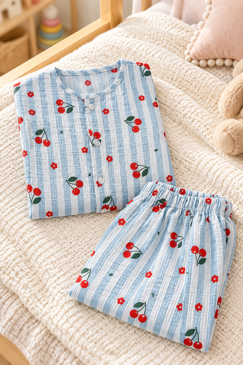 Cherry Stripe |Full Sleeves| 120 GSM Checkered Muslin Fabric |  Soft Unisex Muslin Set for New Born to 6 Years