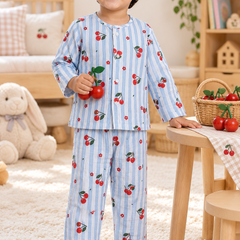 Cherry Stripe |Full Sleeves| 120 GSM Checkered Muslin Fabric |  Soft Unisex Muslin Set for New Born to 6 Years