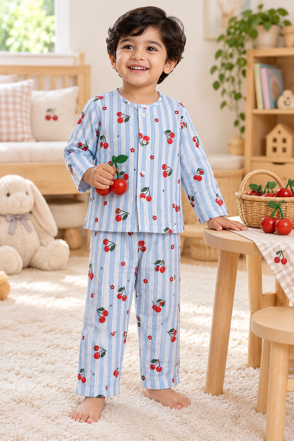 Cherry Stripe |Full Sleeves| 120 GSM Checkered Muslin Fabric |  Soft Unisex Muslin Set for New Born to 6 Years