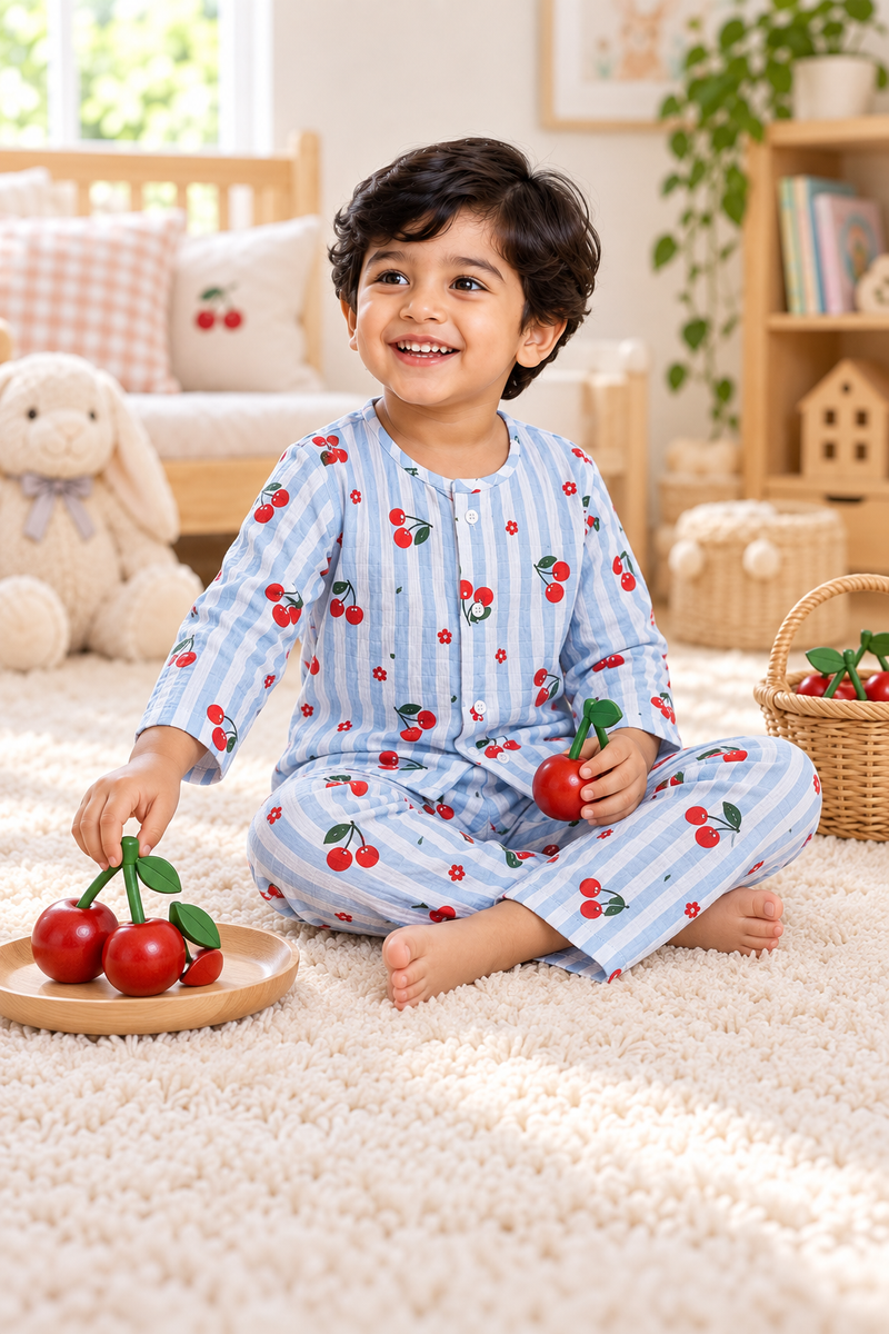 Cherry Stripe |Full Sleeves| 120 GSM Checkered Muslin Fabric |  Soft Unisex Muslin Set for New Born to 6 Years