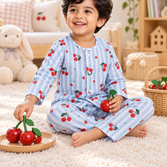 Cherry Stripe |Full Sleeves| 120 GSM Checkered Muslin Fabric |  Soft Unisex Muslin Set for New Born to 6 Years