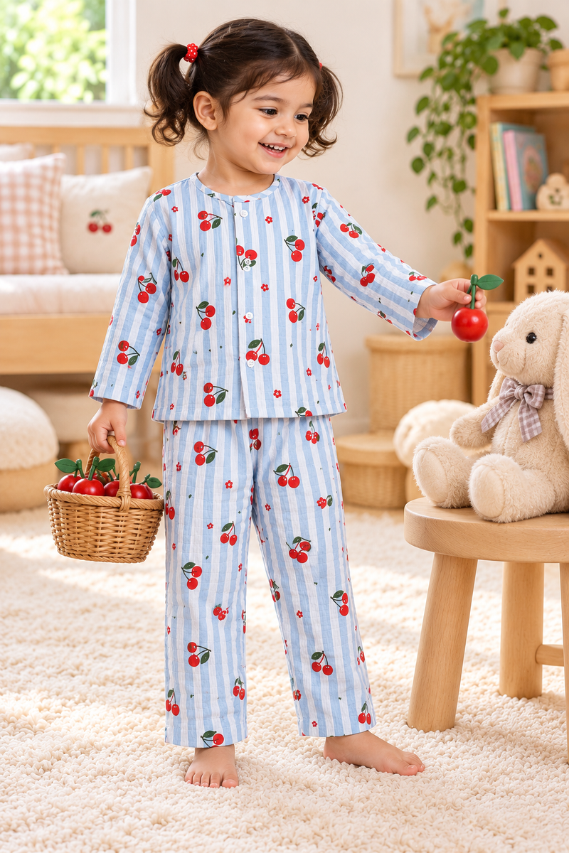 Cherry Stripe |Full Sleeves| 120 GSM Checkered Muslin Fabric |  Soft Unisex Muslin Set for New Born to 6 Years