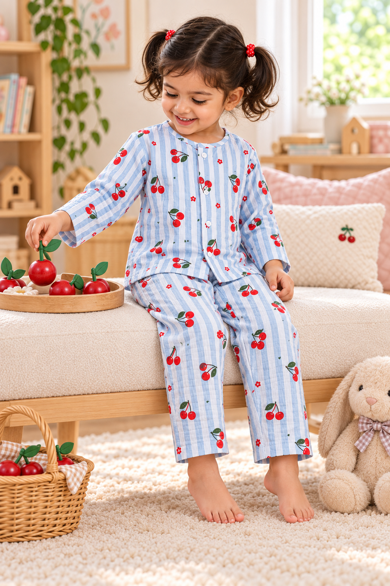 Cherry Stripe |Full Sleeves| 120 GSM Checkered Muslin Fabric |  Soft Unisex Muslin Set for New Born to 6 Years
